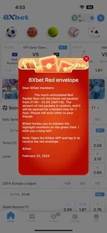 A mobile phone displaying the 8xbet app with a red envelope icon